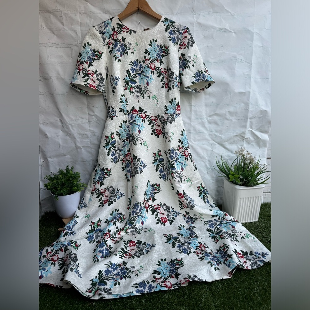 Adam Lippes Eloise Floral Matelassé Fit & Flare Midi Dress White Short Sleeves 2 - Picture 6 of 16